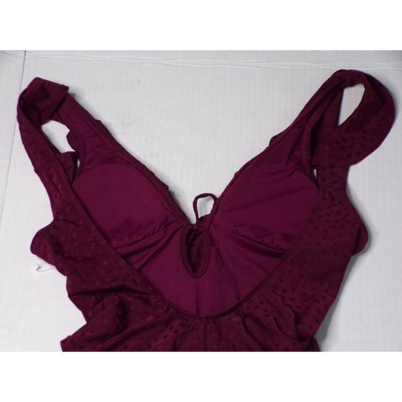 ROBIN PICCONE Juliana Plunge One Piece Ruffle Swimsuit Burgundy Wine 8 - Picture 8 of 8